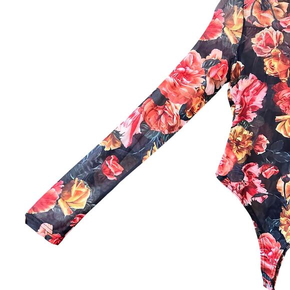 SNDYS Sheer Floral Long Sleeve Bodysuit Size Small Black Red SFBS016 - Picture 5 of 9